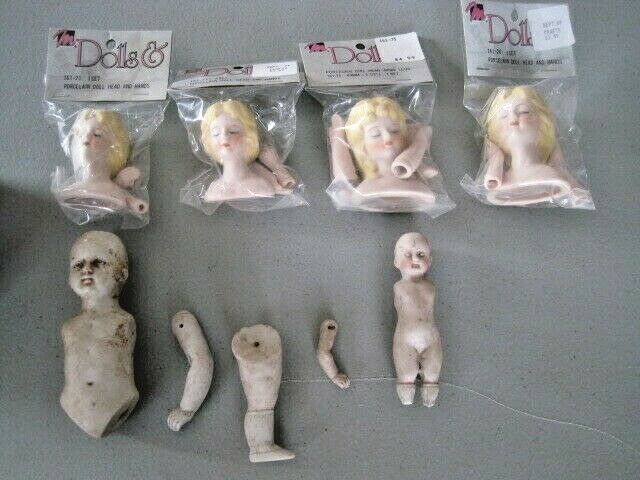 Vintage Porcelain Doll Part Lot:Germany Doll Body~4 Mangelsen's Lady Head/Hands+