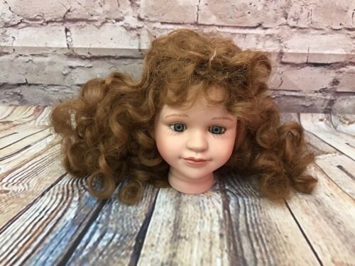 Vintage Doll Head 4 1/2” Parts Porcelain Brown Wig Hair Blue Unusual Eyes