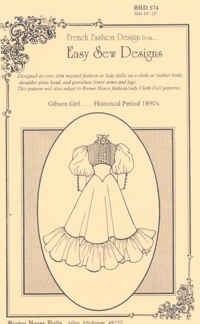Gibson Girl French Fashion Doll Pattern BHD 574 New Uncut 14 to 15 Inch Dolls