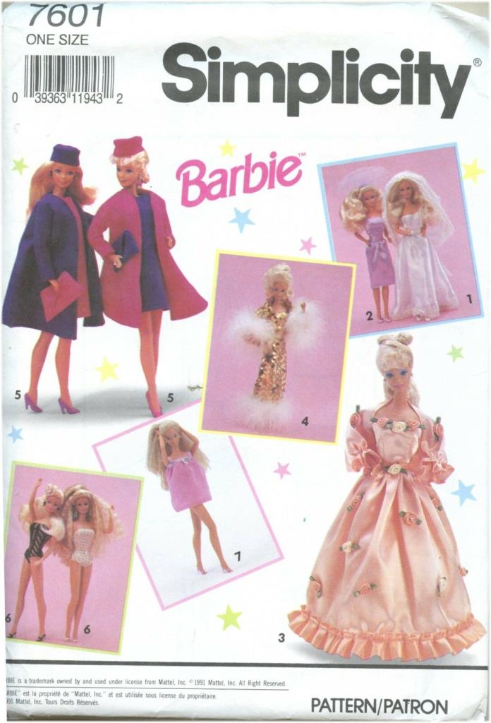 Simplicity 7601 Barbie Doll Clothes Coat Bride Dresses Gown Wardrobe Pattern