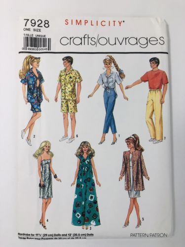 Simplicity Pattern 7928 Doll Clothes 11 1/2 Inch and 12 Inch Barbie Ken Uncut