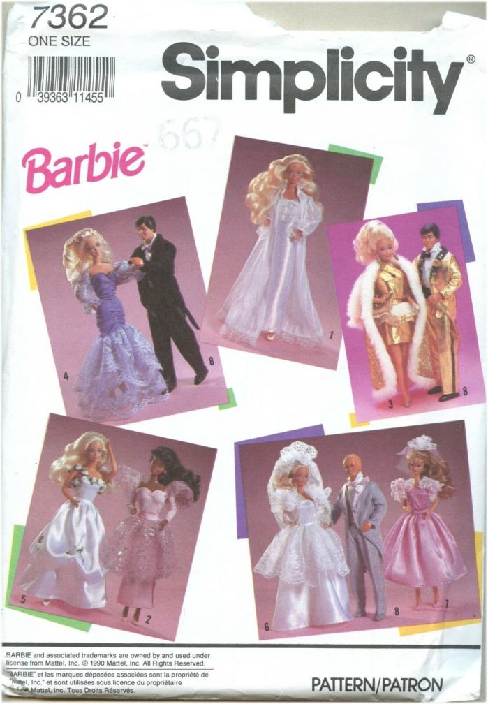Simplicity Barbie Clothing Pattern 7362 Wedding Gown Party Dress Nightgown Uncut