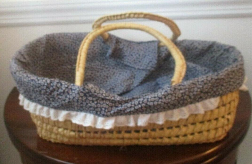 Vintage woven basket lined in fabric w/ handles baby doll carrier