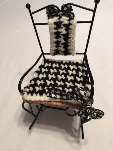 Wrought Iron Bobbie Doll Wicker Rocking Chair W/Crochet Black/White Seat/back