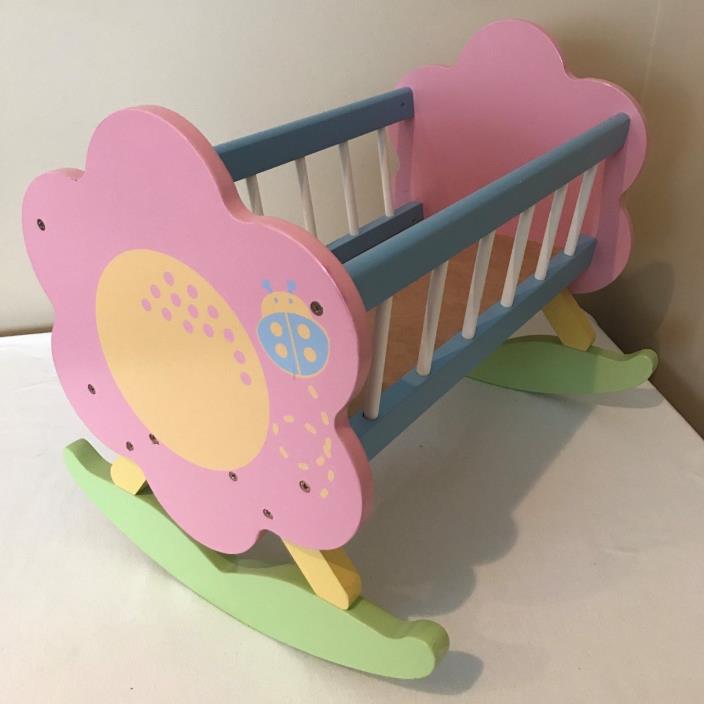 Wooden Doll Cradle Pretend Play Bed Furniture Constructive Playthings Flower