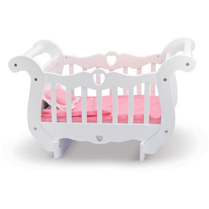 Girls White Wooden Doll Crib With Bedding