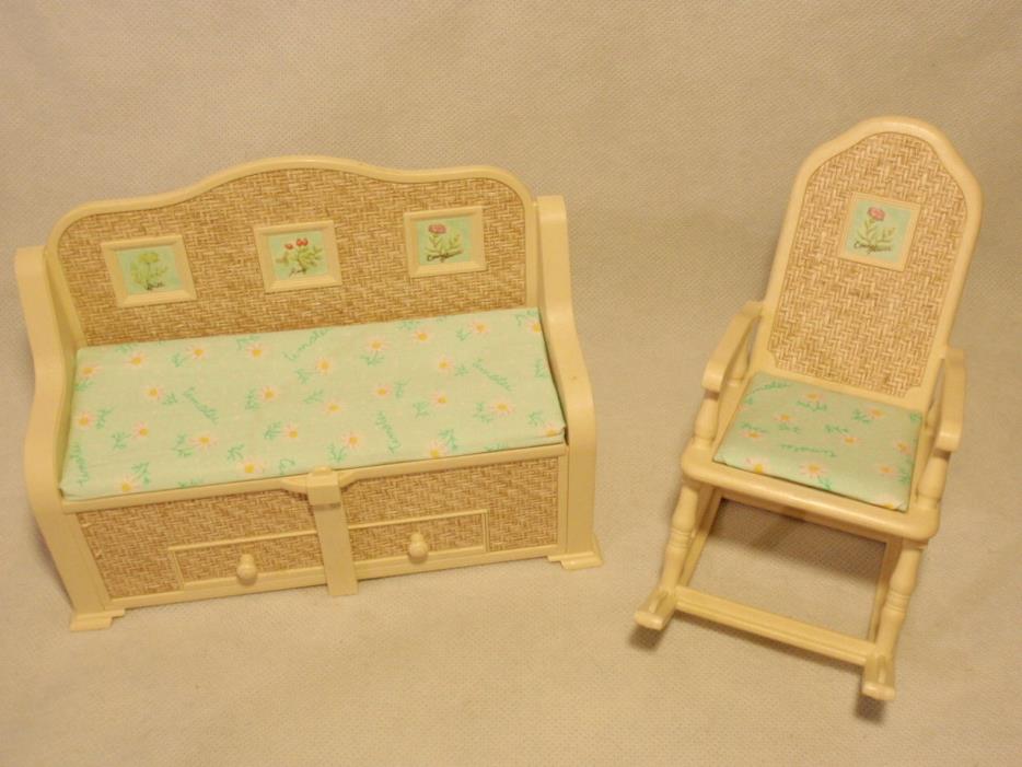 Takara Timotei Dollhouse Woven Furniture Lot: Rocking Chair, Chest Bench 1986