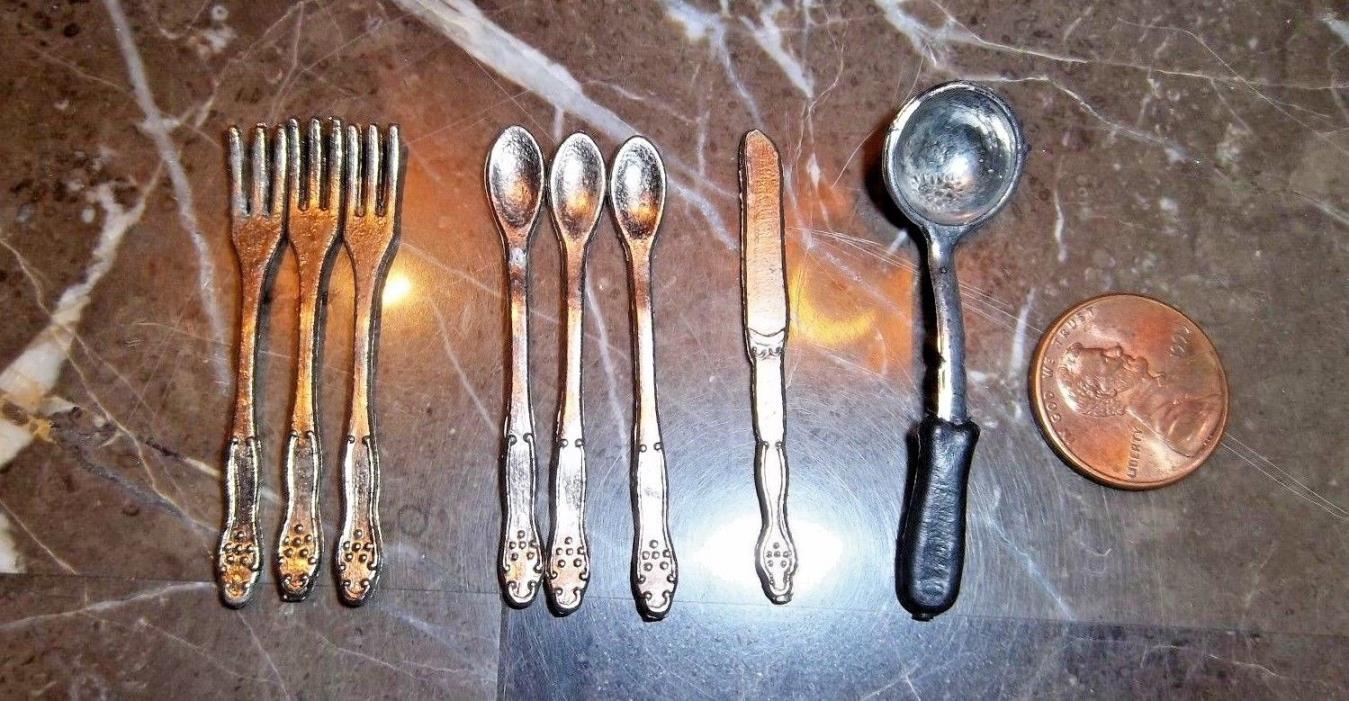 Doll Utensils Lot,  3 Metal Forks, 3 Metal Spoons, Ladle, Knife 1 3/4 Inches