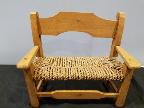 VINTAGE WOOD WOVEN WICKER BENCH DOLL FURNITURE MADE IN ITALY 9 INCHES LONG