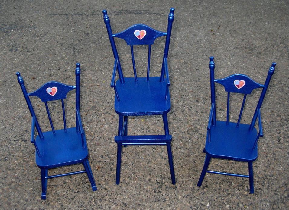 VINTAGE  DOLL  FURNITURE  COBALT  BLUE  3 pc.SET:  ROCKER - ARM CHAIR & HI-CHAIR