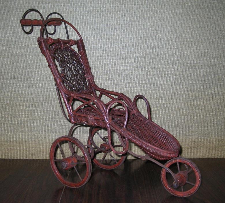 VINTAGE  ORNATE  WICKER  3 - WHEEL  DOLL  STROLLER - PRAM - CARRIAGE - BUGGY