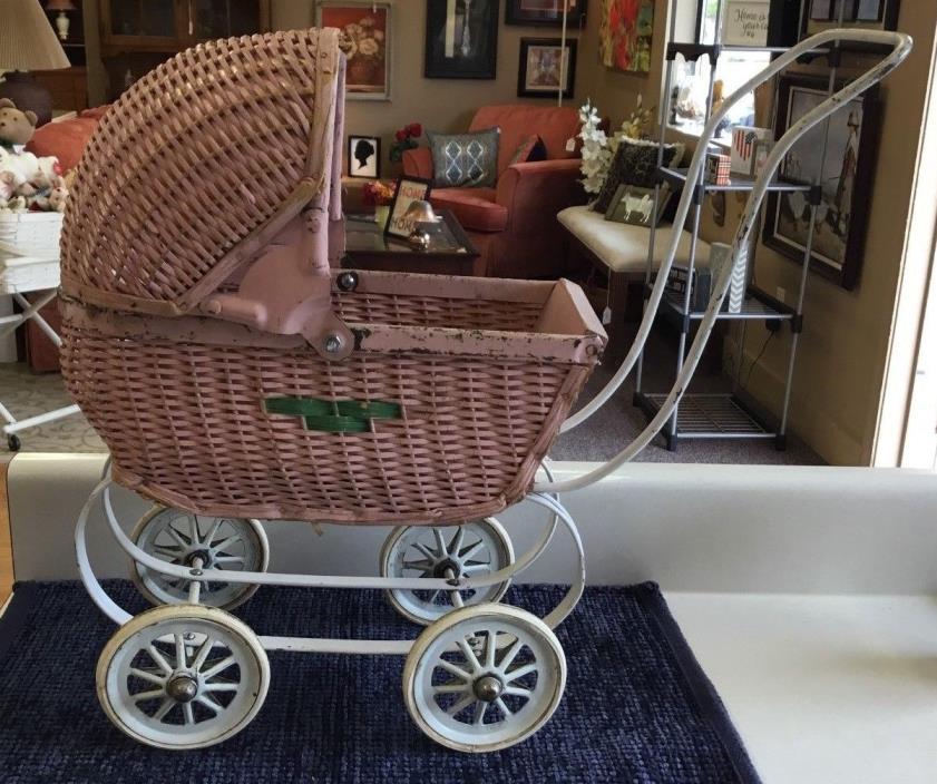 Vintage/Antique Pink Wicker Doll Baby Buggy Carriage Made By South Bend Toy Co.