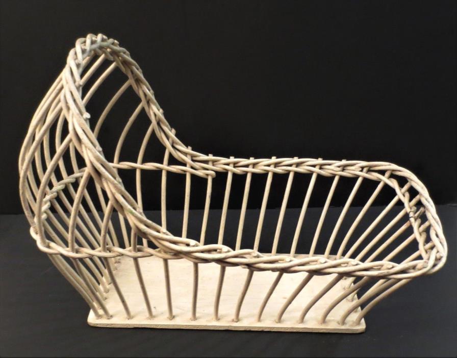 Antique Baby Doll Wicker Cradle Crib Bassinet w/ Wood Base ~ over 80 Yrs Old