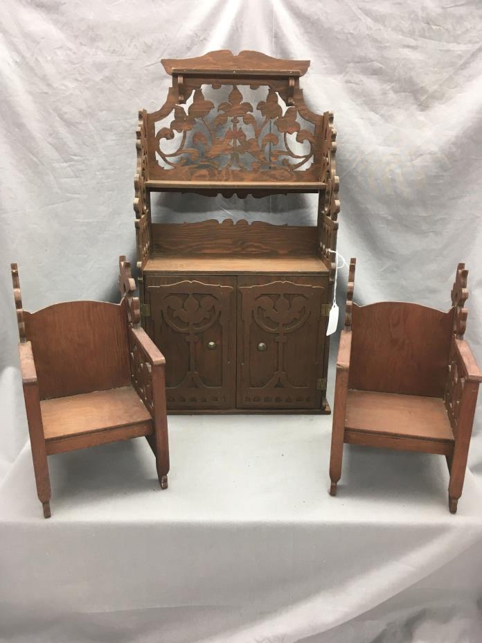 Victorian Hutch & Chairs Doll Furniture Childs Play Wooden Folk Carved {DD418}