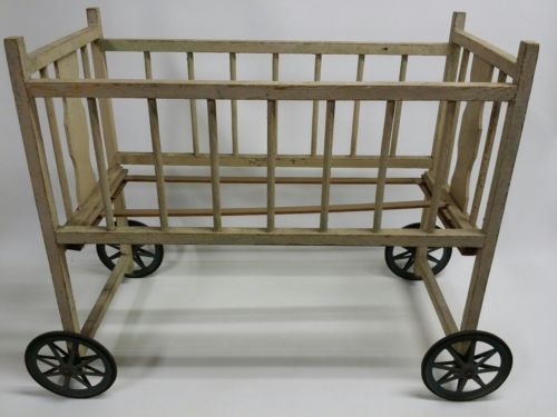 Antique Depression Era Wooden Baby Doll Crib Bed with Wheels, 26.5 x 13 x 23.5