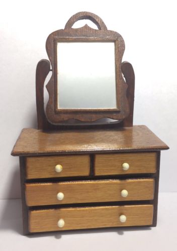Vintage Wooden Dollhouse Furniture Swivel Mirror 4 Drawer Vanity Dresser