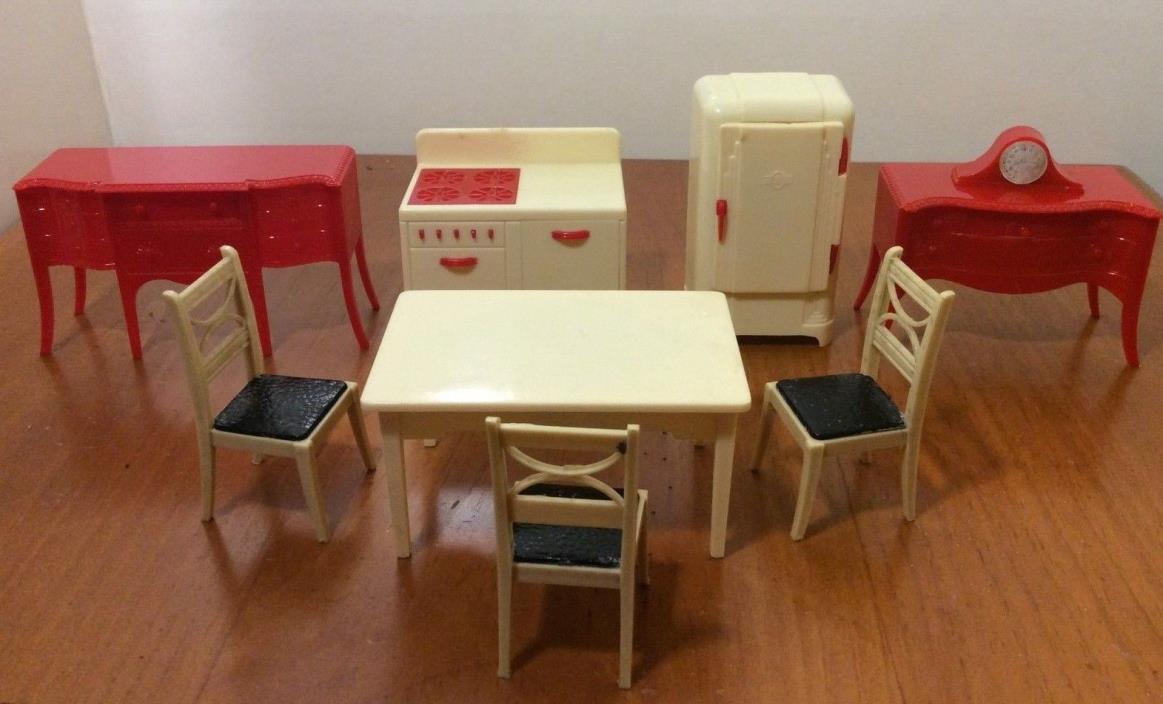 9 Vintage Renwal Dollhouse Furniture~Kitchen~Red-White~Clock~Buffet~Stove~Fridge