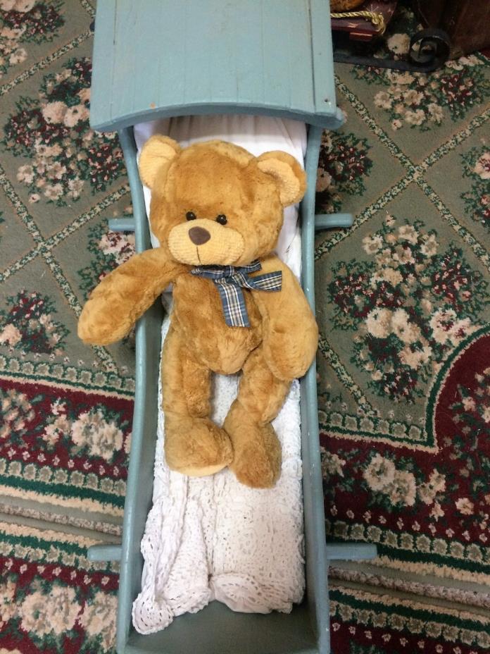 ANTIQUE/VINTAGE CHILD DOLL TOY WOODEN ROCKING CRADLE BED - BEAR INCLUDED