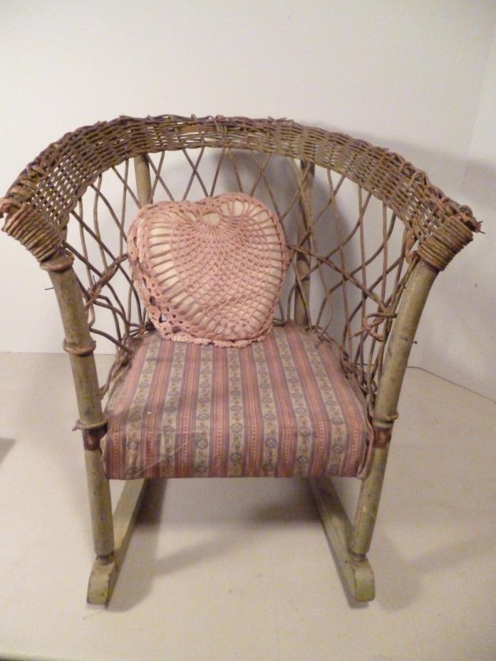 DOLL SIZE ANTIQUE WICKER RATTAN ROCKING CHAIR with CROCHETED HEART SHAPE PILLOW