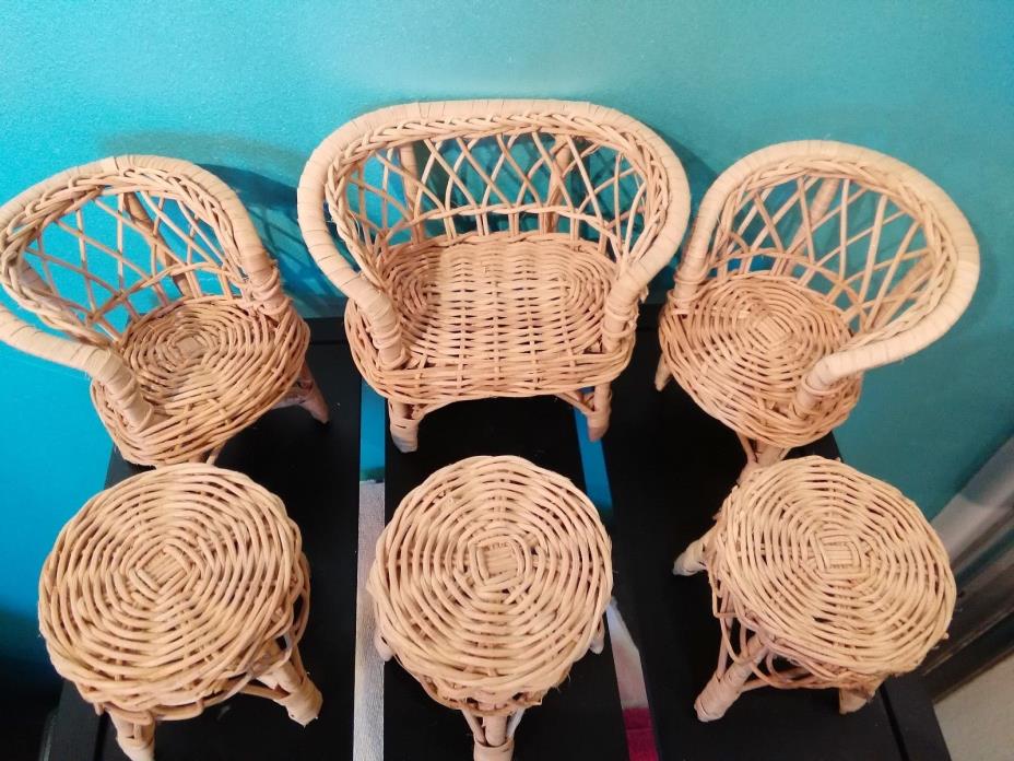 6 Pieces Vintage Barbie Doll Rattan Wicker Woven Furniture Chairs Loveseat Table