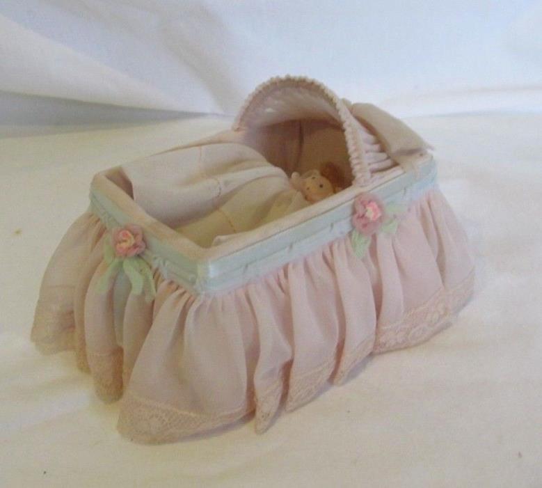 Vintage 1940s  Baby Doll Bassinet w/baby and pillow.  Cardboard/Chiffon