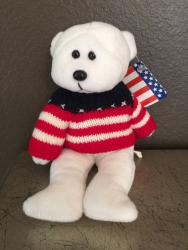 NWT Plushland Patriot White Teddy Bear Bean Bag Plush in USA Flag Sweater