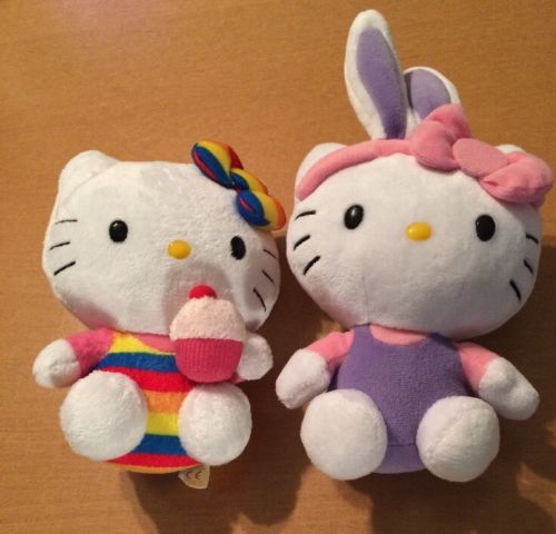 Two Ty Hello Kitties: One with Bunny Ears, One with a Cupcake