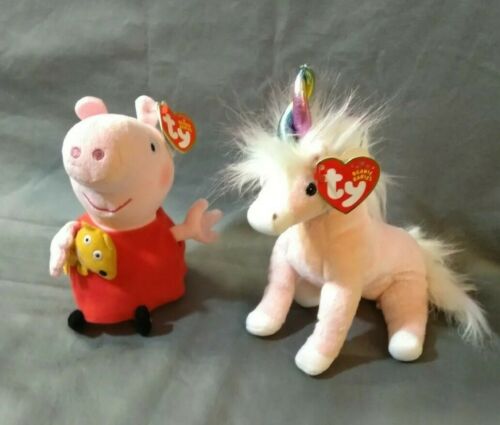 Ty Beanie Babies - Peppa Pig & Charmer Unicorn - Plush Dolls - Heart Tags