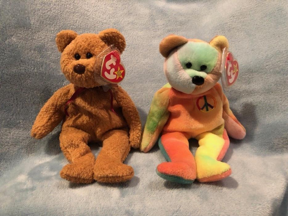 Beanie Babies PEACE + CURLY BEAR Both NWT and LOTS of Errors! Ty 1993 1996