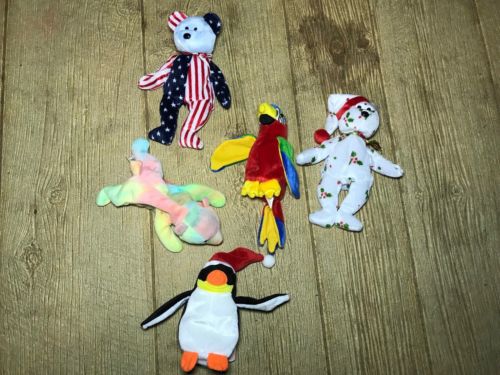 Lot Of 5 Vintage Beanie Babies 1998 Holiday Spangle Zero Rare Ty Toys Bear Pen