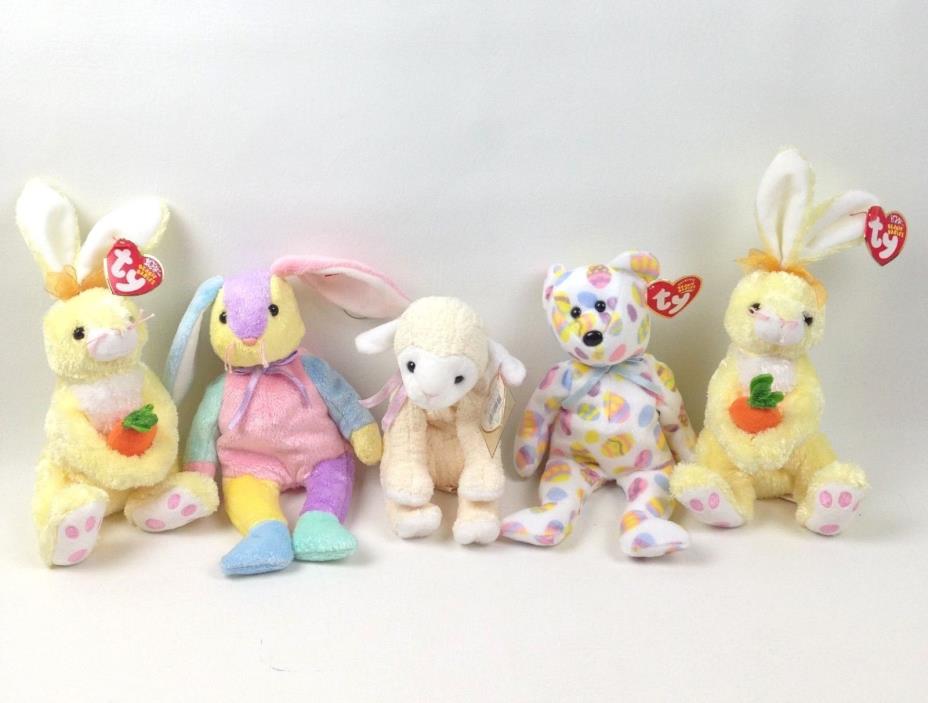Lot of 5 Easter Beanie Babies Plush  2 - Nibblies, Dippy, Fleecie, Eggs 2004