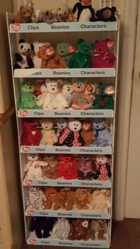 Beanie Babie lot approx. 50 beanies with display rack and display cases.