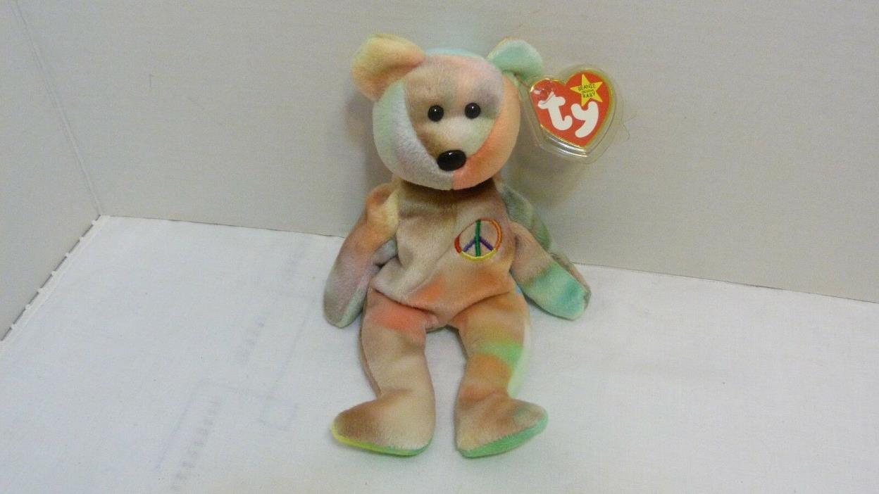 TY Beanie Babies Peace Bear With 102 Tush Tag; Nice Coloration;  + Display Case