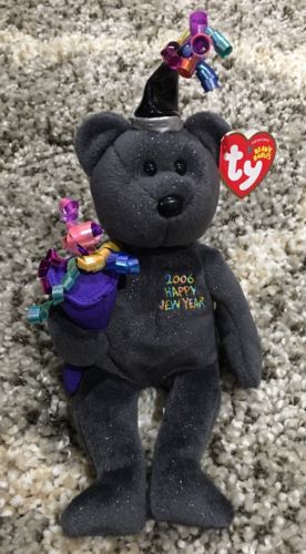 TY BEANIE BABY 2006 New Years Bear - Gray - mint with tags FREE SHIPPING