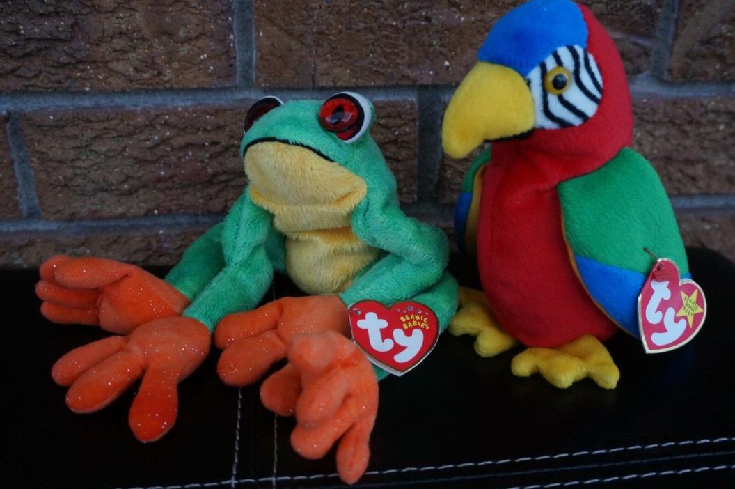 PLUSH TY Lot Set Beanie Babies PANAMA Tree Frog JABBER Parrot Stuffed Animals