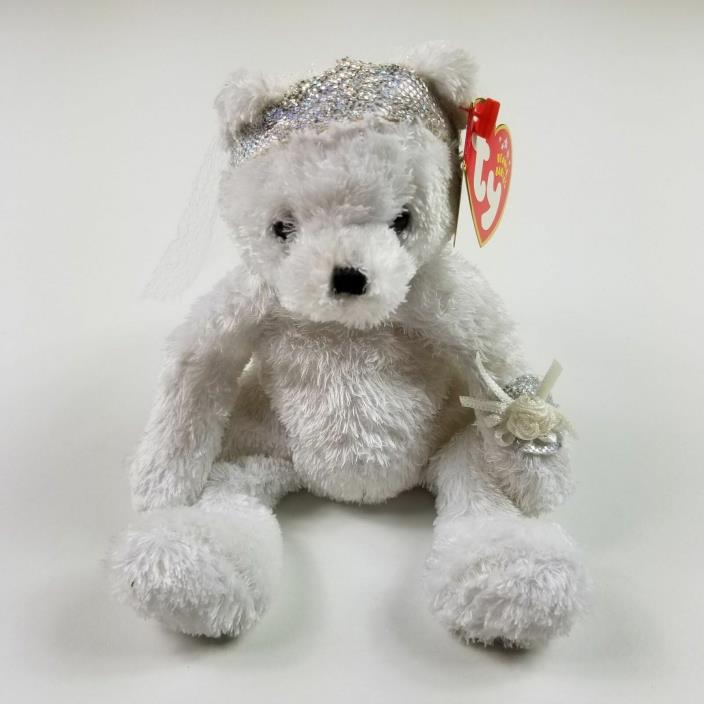 Ty Beanie Baby - Bride Bear - White Bear - Wedding - Tiara, Corsage, Veil