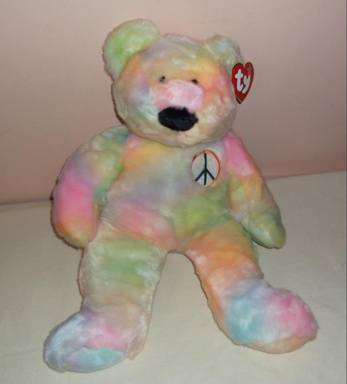 ADORABLE SUPER SOFT TY BEANIE BUDDY LARGE PEACE BEAR Pastel Tie-Dyed 1999 NWT