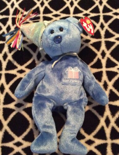 NWT Ty The Birthday Beanies Collection Series SEPTEMBER Blue Bear w/ Party Hat