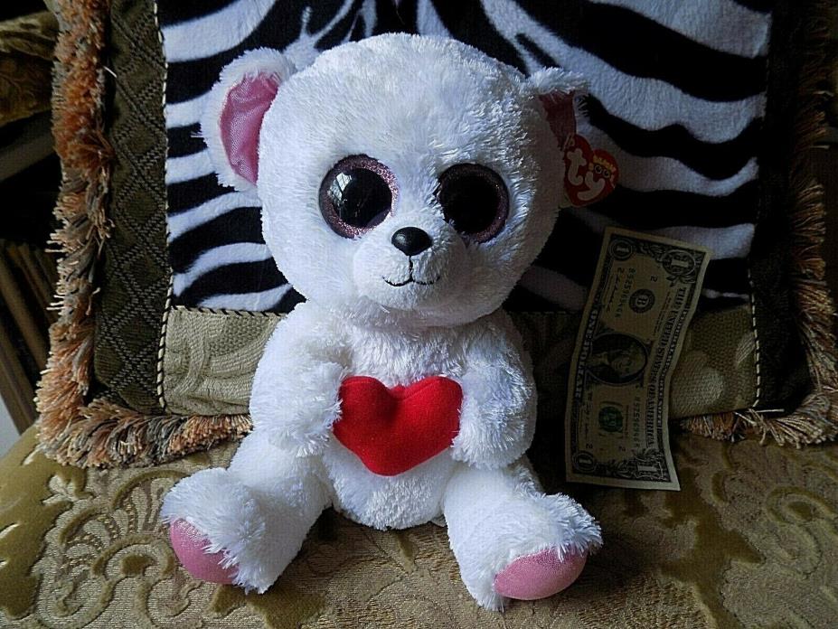 Ty SWEETLY Valentine Bear 10” Beanie Boo Pink Glitter Eyes HEART TAGS  HTF