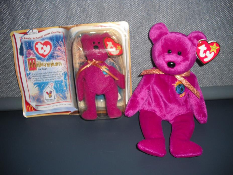 VTG TY BEANIE BABIES MILLENNIUM BEAR 01/01/99 PLUSH W/TAGS & MCDONALDS TEENIE