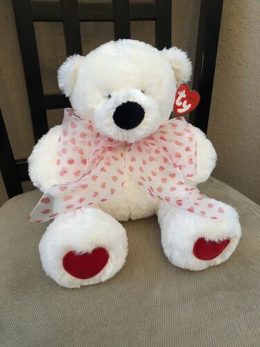 Ty Classic Plush Teddy Bear White Red Heart Feet 11”