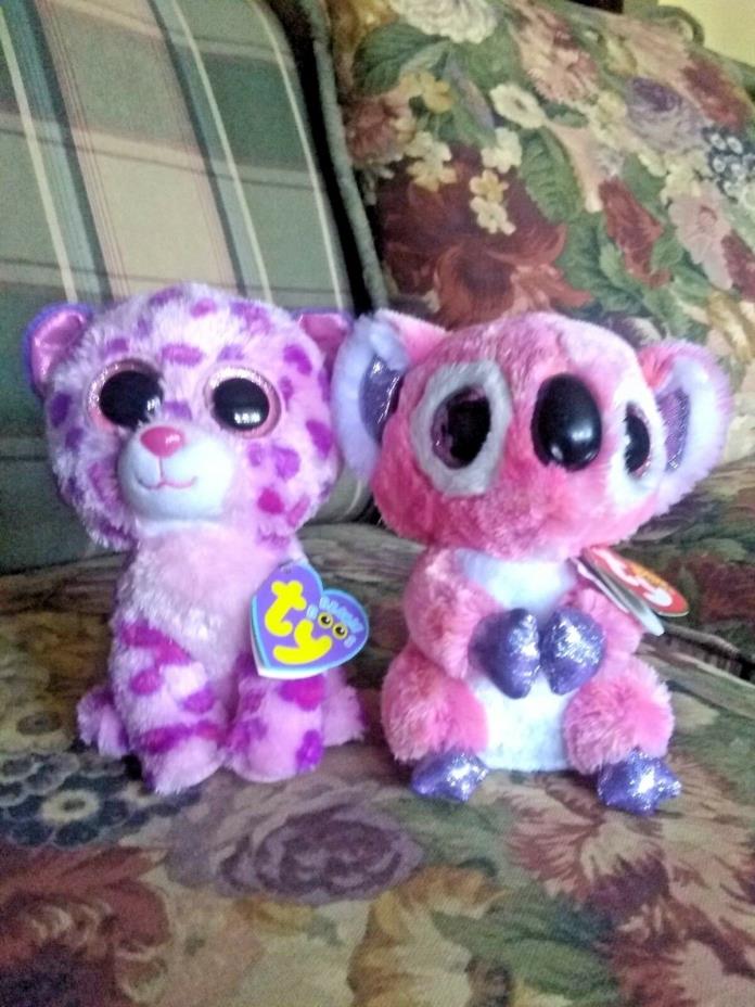 TY Beanie Boos - GLAMOUR the Pink Leopard (Glitter Eyes) And Kacey (6 inch)  New