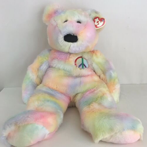 Peace Bear Original Beanie Buddy by Ty, Embroidered, Pastel 1999 XL 28” With Tag