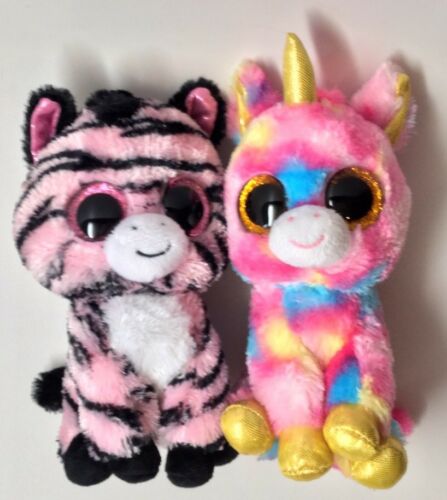 Two Beanie Boos Sparkle Eyes ZOEY Zebra & FANTASIA Unicorn 6” No Tags