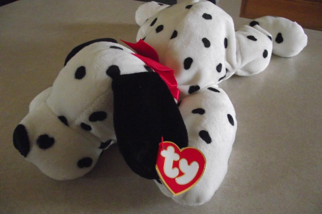 TY Pillow Pals 1997 Spotty Plush Dalmatian Dog Spots Red Ribbon Black White Tags