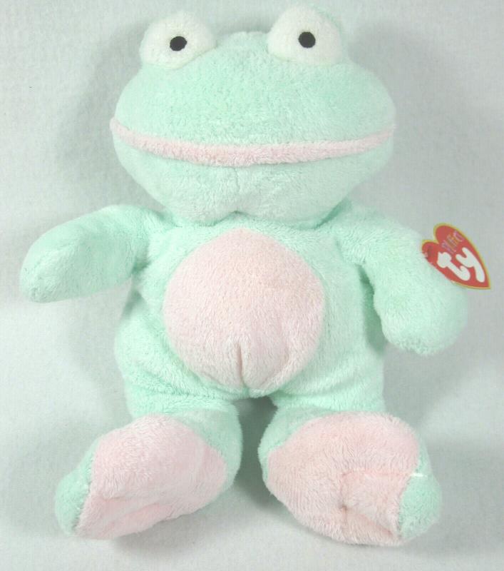 TY Pluffies Grins Plush Green & Pink Frog Stuffed Tylux Baby Lovey 2002 w/Tags