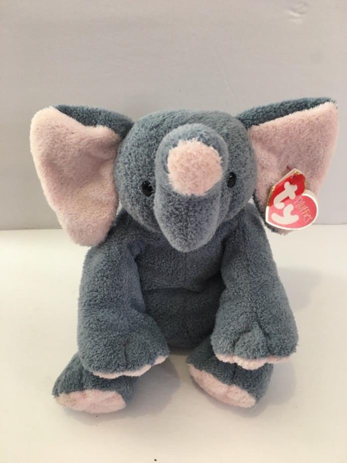 Ty Pluffies Beanie Elephant Winks 2002 Soft Gray Pink With Tags Plush Toy