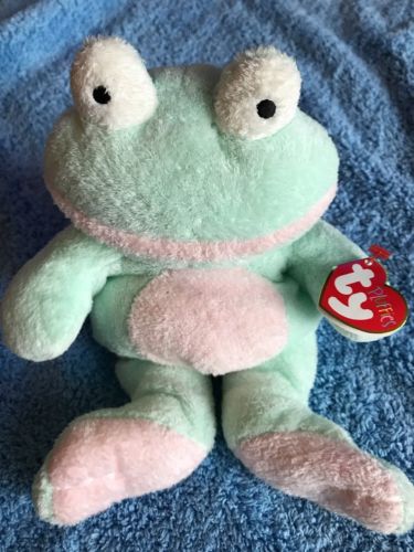 TY Pluffies Grins Frog 2002 Green Pink Plush Beanie Baby W Tag