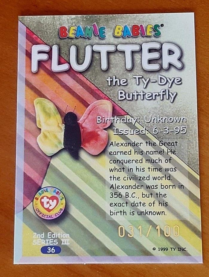 GOLD Ty Beanie Babies BBOC Series 3 Flutter Birthday Card #31/100