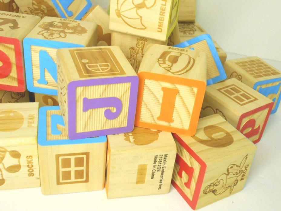 Wooden Alphabet Blocks Set of 39 Letters Numbers Symbols w/ Mesh Carry Tote